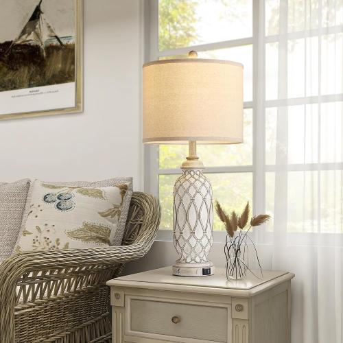 28 Table Lamps for Living Room Set of 2, Farmhouse Lamps for Bedroom with USB A C Charging Ports, Touch Lamps for Nightstand, 2 Bulbs Included