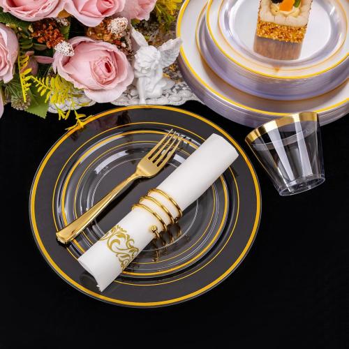 I00000 50 Guests Clear Gold Plastic Plates, Gold Disposable Dinnerware Set Includes: 100 Plastic Plates, 50 Silverware Set, 50 Disposable Cups, 50 Napkins Perfect for Party & Wedding