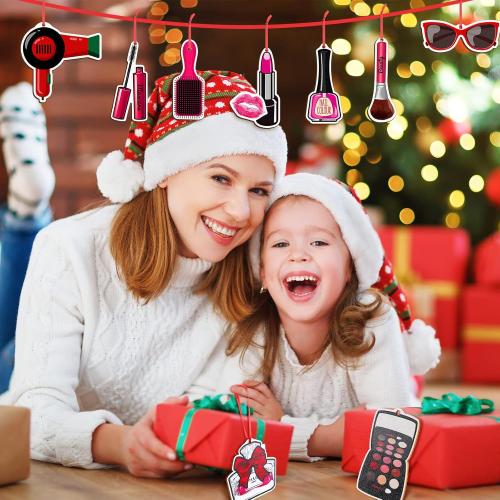 Blulu 12 Pieces Christmas Makeup Ornaments Wooden High Heels and Lipsticks Hair Salon Ornament for Christmas Tree Hanging Decor (Beauty Style)