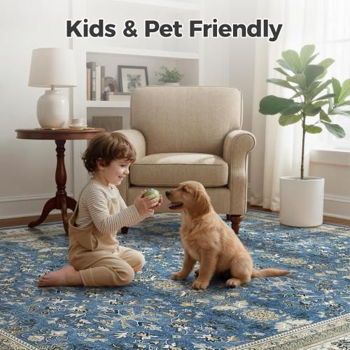 WITSHOCK Living Room Rug Vintage Distressed Oushak Boho Farmhouse Retro Antique, Dining Room Rugs for Under Table, Bedroom Nursery Playroom, Ultra Soft Non-Slip Washable Stain Resistance, Blue