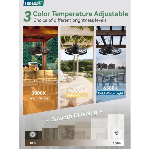 LEDIARY 20 Outdoor Ceiling Fan with Lights,IP65 Waterproof Gazebo Hanging Fan with Remote Control Smart App, Plug in Caged Ceiling Fan with 3CCT 6-Speeds for Patio Porch Pergola(Black)