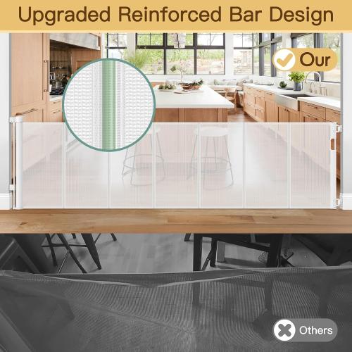 Reinforced 120 Inch Retractable Baby Gates Extra Wide Baby Gate with Reinforced Strips Indoor/Outdoor No Wrinkle Retractable Dog Gate for Doorway No Sag Outdoor Pet Gates for Wide Openings, White