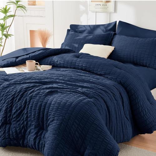 HYMOKEGE Navy Blue Queen Comforter Set Seersucker  All Season Luxury Bed in a Bag for Bedroom, Bedding Set with Comforters, Sheets, Pillowcases & Shams
