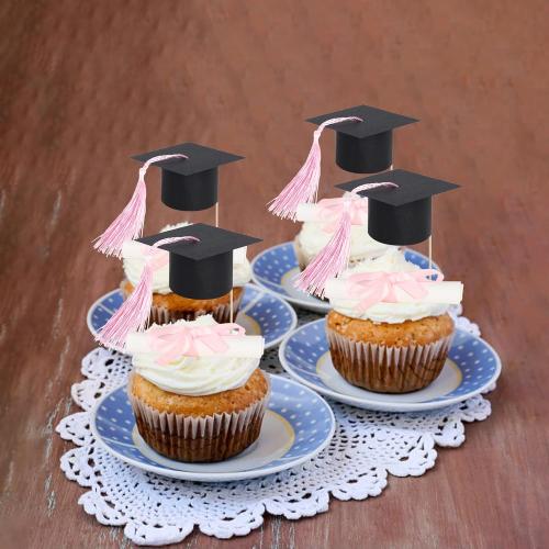 24 PCS 2026 Graduation Cap Cupcake Toppers Pink Tassel Diploma Class of 2026 Congrats Grad Cap Cupcake Picks Mini Cap Chocolate Decorations for 2026 School Graduation Party Cake Decorations Supplies
