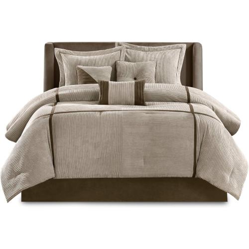Queen Madison Park Cozy Comforter Set Casual Blocks Design All Season, Matching Bed Skirt, Decorative Pillows, Dallas Corduroy, Taupe Brown, 7 Piece
