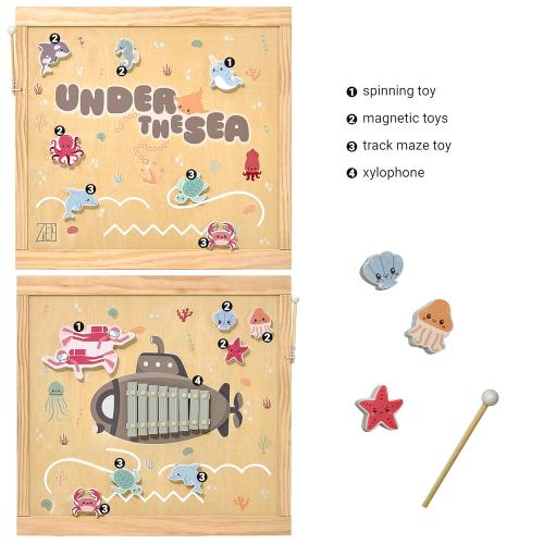 Wooden Playpen Extra Large for Toddlers and Babies - Under The Sea Theme Toy Design - (8/10) Wood Panels - Foldable and Adjustable Baby playpen - Extra Large Baby playpen (8-Panels)