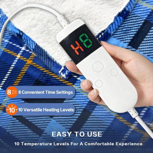 Electric Blanket Heated Throw, Soft Flannel 50x60 Plaid Heating Blanket with 8 Hours Auto Off 10 Fast Heating Levels Machine Washable Sherpa Heated Blanket with Overheating Protection