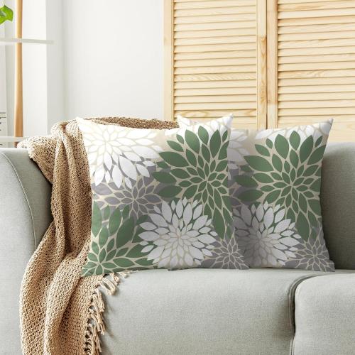 Sage Green White Grey Gray Pillow Covers 18X18 Inch Set of 2, Spring Modern Geometry Dahlia Floral Print Decorative Throw Pillow Covers Outdoor Farmhouse Cushion Case for Couch Sofa Bed Decor
