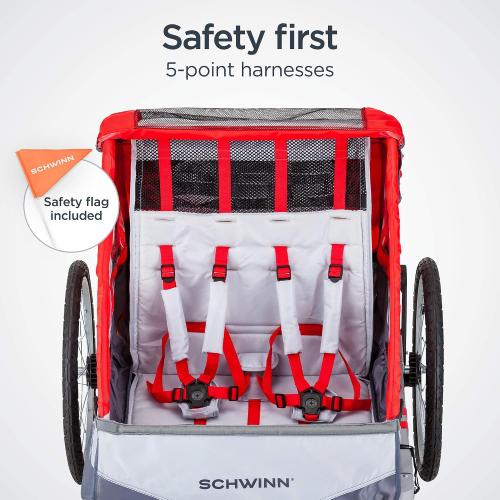 Schwinn Trailblazer Double Child Bike Trailer, Max of 2 Children with Total Weight of 80 lbs., Canopy, 20-Inch Air-Filled Tires, Red