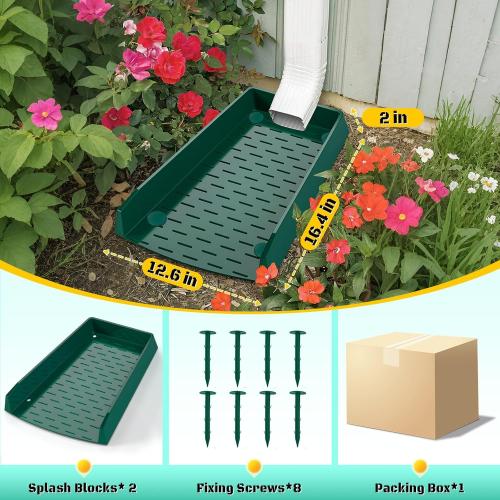 2 Pack Green Rain Gutter Downspout Splash Block, Extra-Wide Down Spout Extender, One-Piece Molding Design, Drain Gutter Guard Diverter, Thickened Gutter Splash Guard with Fixing Piles, Green