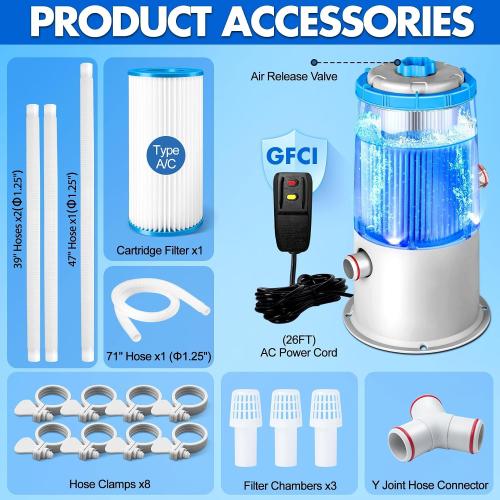 KimPump 1000 GPH Light-Up Pool Filter Pump for Above Ground Pool|Built-in Blue LED Light,Transparent Housing for Real-Time Water Circulation &Filtration Monitor, Pool Cartridge Filter Pump System Cyan