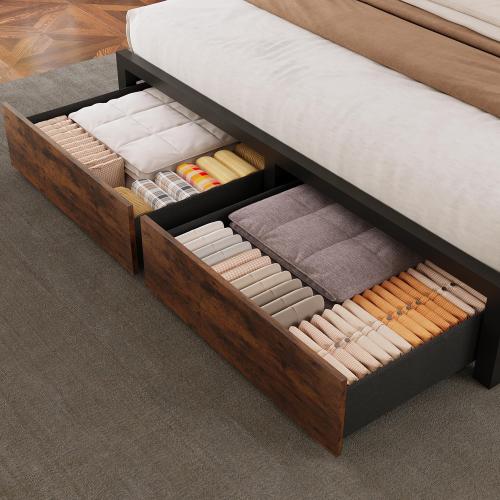 Incyneva Farmhouse Full Bed Frame with Bookcase Storage Headboard, Charging Station, LED Light and 2 Storage Drawers, Noise Free, No Box Spring Needed, Brown