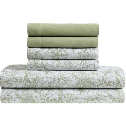 Caribbean Joe 6-Piece Sheet Set with Cooling Pillowcases, 12-inch Deep Pockets, Tropical Beach Coastal Design, KING Tropical Toile Green
