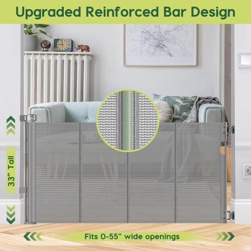 Reinforced 55 Wide Retractable Dog Gate with Support Rods, 33 Tall Retractable Baby Gate for Dogs, No Sag and Wrinkle Mesh Child Gates for Doorways, Indoor Pet Barrier Stair Gates for Kids, Gray