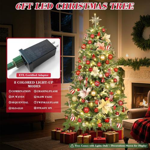 6ft Christmas Tree Prelit w/ 2085 PE & PVC Mixed 'Feel Real' Branch Tips, 400 Warm LED Lights, Hinged Spruce Artificial Xmas Tree with Metal Stand & Bag for Home, Office, Party Décor