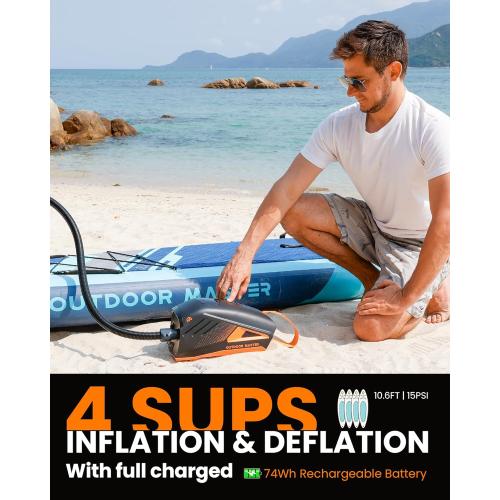 OutdoorMaster Shark 3 Paddle Board Pump Electric 74Wh- 3'50 Fast Inflation | 74Wh Rechargeable SUP Air Pump, One Charge for 4 SUPs,12V/15.8V DC Input, Digital Display, 20PSI, Auto-Off, 8 Nozzles