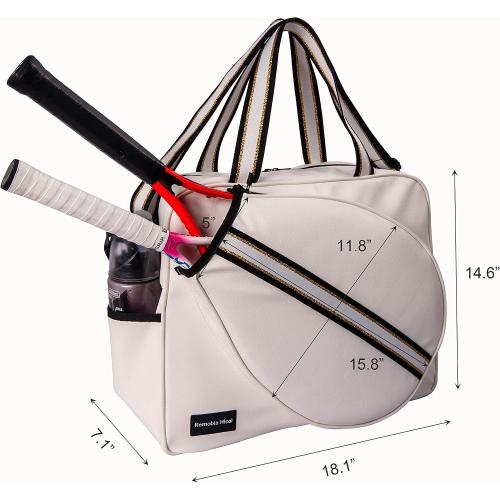 White PU Leather Women Large Sports Handbag Tennis Racket Shoulder Bag Tennis Tote Bag for 2 Rackets, with Water Bottle Holder