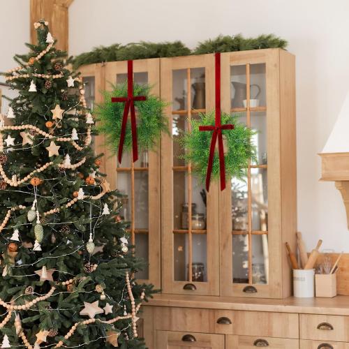 XunYee 4 Pack Small Christmas Wreath for Cabinet Home Kitchen Whimsical Decor with Velvet Bow 11 Persian Grass Lime Green Green Fern Mini Wreaths for Xmas Home Candle Window Chair Fence Decor