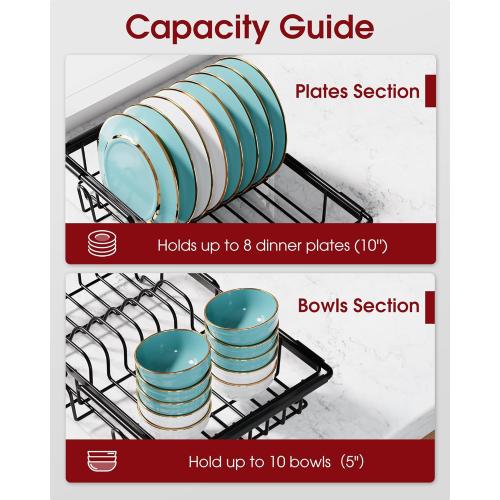 Dish Drying Rack in Sink - Expandable Stainless Steel Dish Rack Over The Sink, Kitchen Sink Drain Strainer with Cutlery Holder & Cup Holders, 15.4 x 9.8 x 3.0 Inch, Black