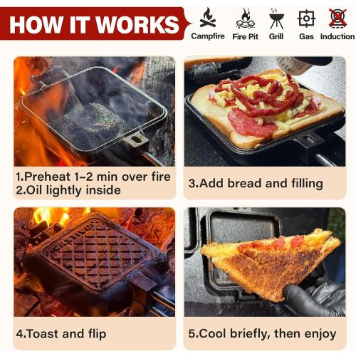 Mountain Pie Maker Cast Iron Set of 2 with Storage Bag – 5 Smores Sticks for Fire Pit, Camping and Outdoor Cooking