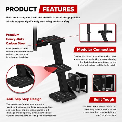Heavy-Duty Boat Trailer Steps (3 Steps) with Handle Fits 3'' and 3.5'' Tall Trailer Tongues, Max 500lbs Capacity, Fit for Most Bass Boats, Pontoon Boats, Hunting Boats, Universal Fit