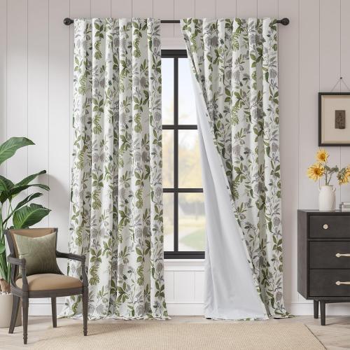 jinchan 100% Blackout Curtains for Bedroom 96 Inches Length Linen Curtains Tropical Green Leaf Print Botanical Window Treatment with Lining for Living Room Farmhouse Country Drapes Set 2 Panels