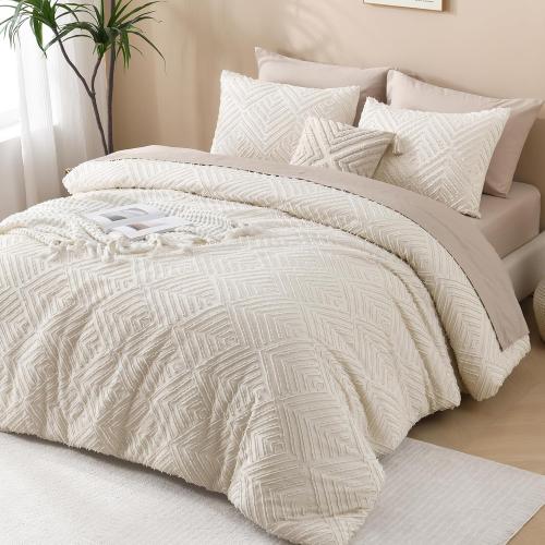 King Size Comforter Set Beige, 7 8-A-2400-A-1Pieces Boho King Bedding Comforter Set Cream, All Season Soft Lightweight Tufted Textured Down Alternative Comforter Fluffy Bed Set