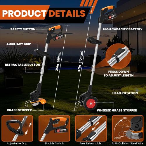 Electric Weed Wacker Cordless Weed Eater, Stringless Trimmer Battery Powered 4 in 1 Lightweight Grass Trimmer/Brush Cutter/Edge, 4 Types Blade, No String Weed Trimmer with Wheels for Lawn Yard Garden