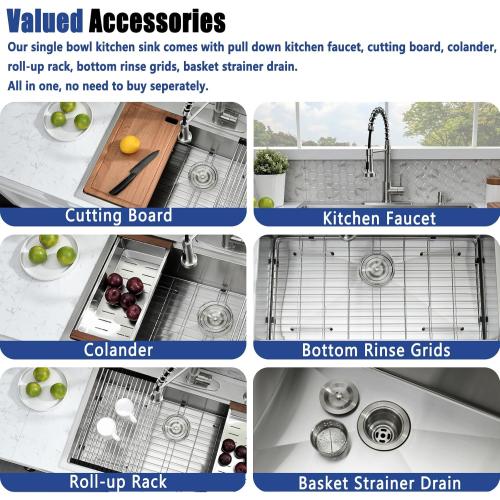 33 x 22 Drop In Kitchen Sink with Faucet Combo - 33x22 Drop In Sink and Faucet Combo Set,Stainless Steel 10 Inch Deep Single Bowl Workstation Sinks with Accessories