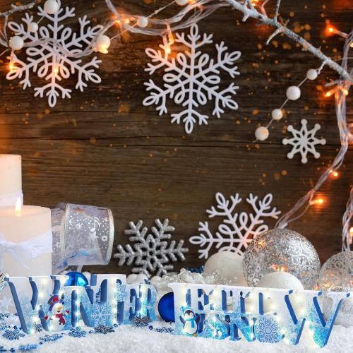 Jetec 2 Pieces Winter LED Snow Tabletop Centerpiece Table Snowflake Snowmen Wooden Sign Lighted Ornament for Snowflake Tiered Tray Decor Wonderland Christmas Party(Blue, White)