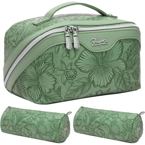 BOYATU Travel Makeup Bags Cosmetic Organizer Bag: 3-Set Large Capacity Make up Bag - PU Leather Toiletry Bags for Women - Wide Open Portable Pouch with Divider & Handle (03-Green-2)