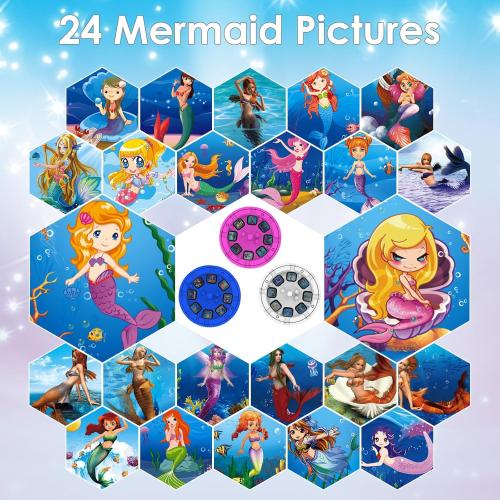 Mermaid Projector Flashlight for Kids Ages 3 , Ideas Christmas Stocking Stuffers Gifts for Girls, Pink Fairy Little Mermaid Toys, 3 Discs 24 Images, Kid Night Light Projector