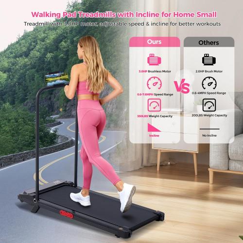 Walking Pad with Incline, 2026 Upgrade Electric Small Walking Pad with Handle Bar, 3.0HP Protable Walking Pad Treadmill with Handles and Incine for Home Small, 0.6-7.6MPH, 350LBS