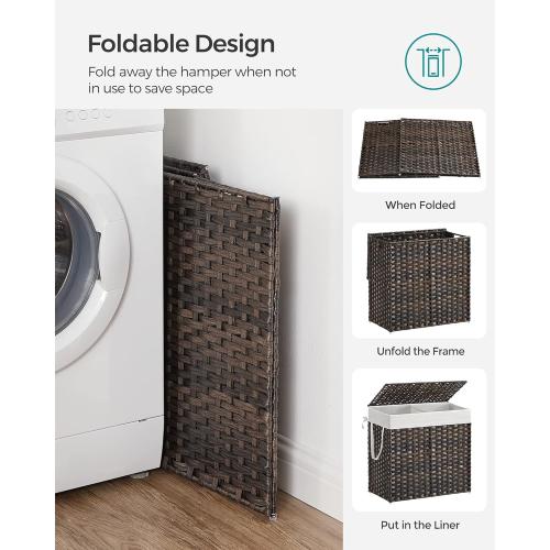 SONGMICS Laundry Hamper with Lid, 130L Clothes Hamper with 2 Removable Liner Bags and 6 Mesh Bags, Wicker Laundry Basket, Double Laundry Hamper for Bathroom, 13 x 26 x 23.6 Inches, Brown ULCB253K01