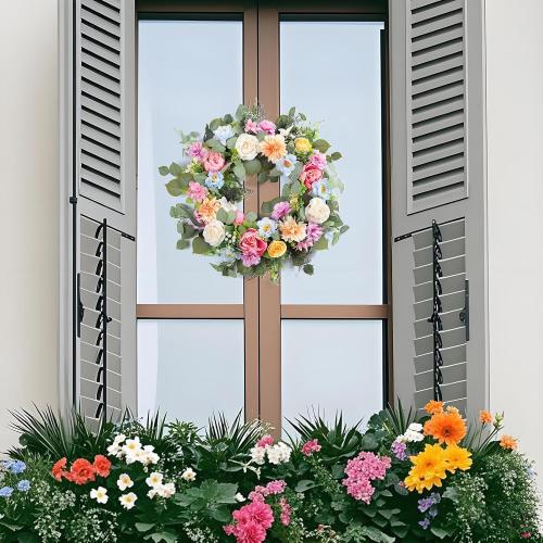 Spring Wreaths for Front Door,Summer Wreath with Peony Rose and Dahlia Flowers,24 Inch Floral Door Wreath for All Seasons Outside Outdoor Indoor Wall Wedding Holiday Home Decor