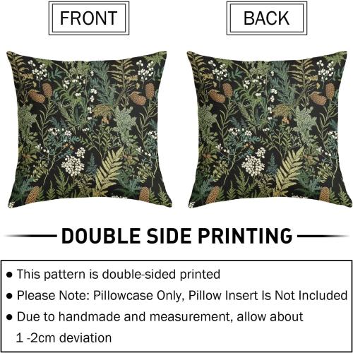 Black Green Botanical Pillow Covers 18x18 Inch Dark Green Flower Vintage Plant Throw Pillows for Couch Farmhouse Cushion Covers Spring Summer Leaf Floral Pillow Cases for Bed Patio Outdoor Decor Set 2
