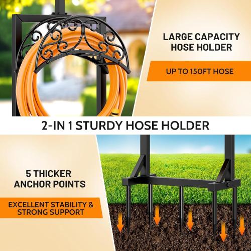 Garden Hose Holder for Outside - Upgraded Water Hose Holders with 5 Spikes & 2 Shepherds Hooks, Freestanding Hose Stand Heavy Duty Hose Hanger Hose Storage Hose Reel Rack for Outside Yard Lawn