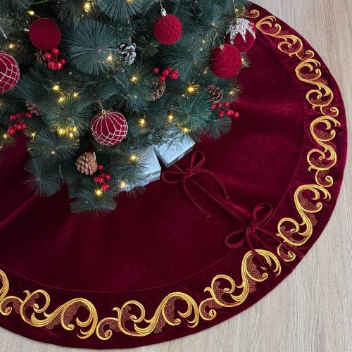 70 Inch Velvet Christmas Tree Skirt with Golden Swirl Embroidery and Lace Tie Closures, Burgundy