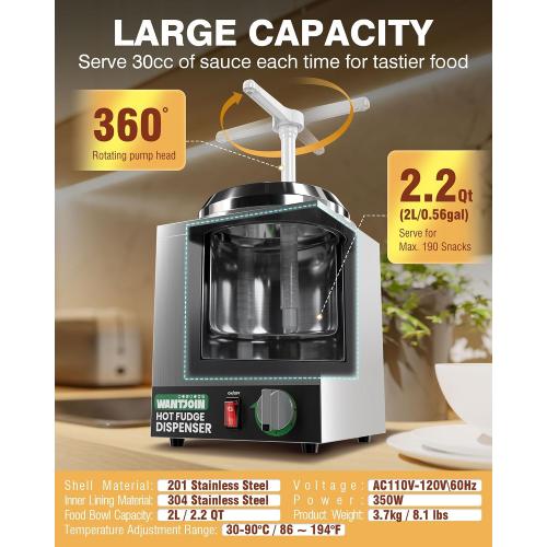 WantJoin Nacho Cheese Dispenser with Pump - 2.2Qt Nacho Cheese Warmer,Stainless Steel Hot Fudge Warmer W/5-Level Temperature Adjustment,Commercial Hot Fudge Dispenser for Hot Fudge Cheese Caramel
