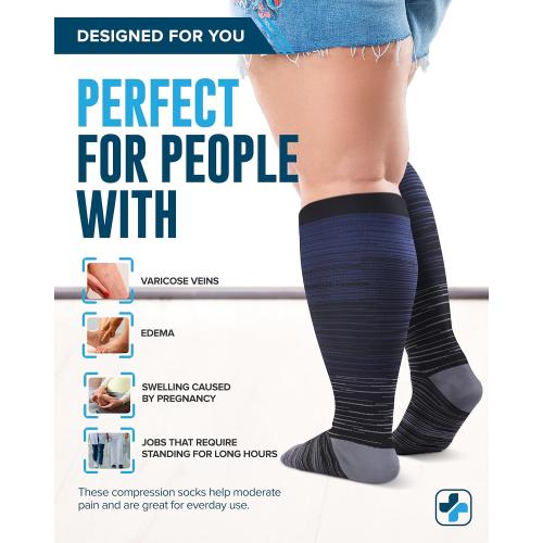 Doctor's Select 3 Pairs Plus Size Compression Socks Wide Calf - Up to 6XL | 20-30 mmHg Compression Socks for Women Wide Calf | Line Patterns 2