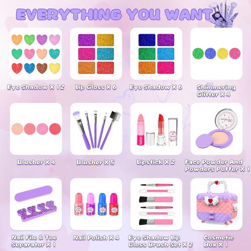 54 Pcs Kids Makeup Kit for Girls, Princess Real Washable Pretend Play Cosmetic Set Toys with Mirror, Birthday Gifts for 3 4 5 6 7 8 9 10 Years Old Girls Kids (Light Purple)