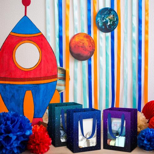 24 Pcs Space Party Favor Bags for Kids, Galaxy Birthday Goodie Bags with Window Treat Candy Bag for Space Stars Themed Birthday Decorations Supplies (Starry Sky)