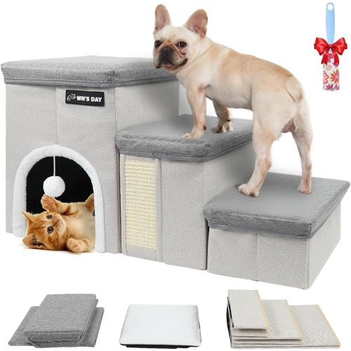 Dog Stairs for Bed Couch Folding with Storage, Dog Stairs for Small Dogs to Get On Bed with Cat Condo, Steps for Large Medium Dogs, Old Cat Pet Stair Steps for High Beds 17.2 H, Pet Ramp Up to 220LBS