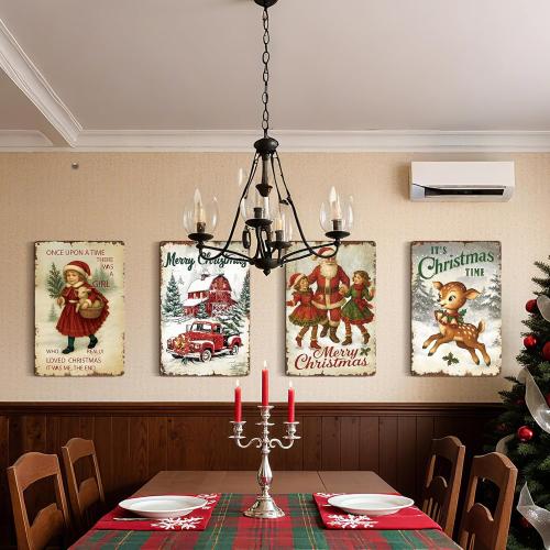 4 Pcs Vintage Christmas Wall Sign Metal Red Truck Little Girl Plaque Sign Decorations Santa Claus Elk Wall Art for Home Coffee Shop Retro Christmas Decor, 8 x 12 Inch