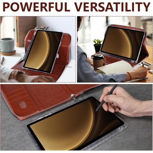 E NET-CASE Case for Samsung Galaxy Tab S10 Lite / S10 FE / S9 FE 10.9-Inch / S9 11-Inch, Zipper Bag,Clear Back Case/Hand Strap/Shoulder Strap/S-Pen Holder/Stand Cover,Brown