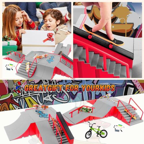 Finger Skateboard Park Kits,14-in-1 Bigger Finger Skateboard Ramp Set with 14 Ramps,8 Fingerboards,1 Finger Bike, Skate Park Kit,Fingerboard Skatepark Half Pipe Toys Gifts for Ages 3