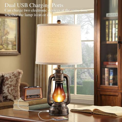 Farmhouse Rustic Table Lamps for Bedroom Set of 2, Vintage Lantern Lamp with Dual USB Charging Ports,25 Retro Antique Bedside Nightstand Desk Lamp for Living Room End Table Entryway, 4 Bulb Included