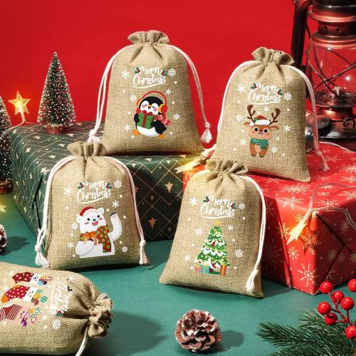 FLOE 72Pcs Christmas Burlap Gift Bags with Drawstring, 5x7in Christmas Linen Treat Bags with Tag, Xmas Candy Bag Small Jute Goody Reusable Gift Wrapping Bag Xmas Holiday Party Favors Sacks
