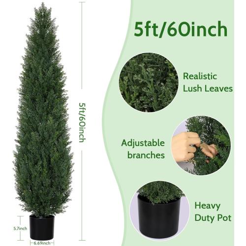 Artificial Cedar Topiary Trees, 5FT UV Resistant Topiary Trees Artificial Outdoors, Realistic Pre-Potted Faux Cypress Plants for Outdoor Porch, Home Entryway, and Garden Decor, Set of 2