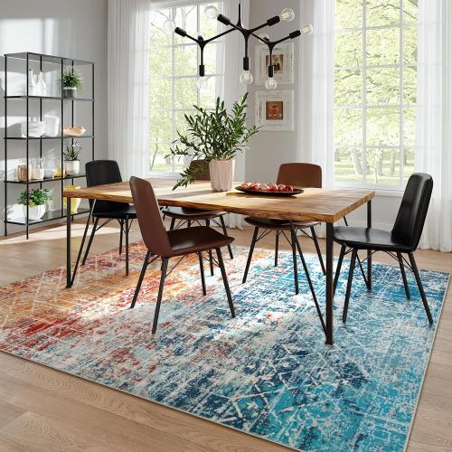 Orange and Teal Abstract Washable Living Room Rug, Large Teal Orange Carpet for Bedroom, Boho Dining Room Rug Non Slip, Modern Moroccan Throw Carpet for Girls Room Playroom Office (Orange/Teal)